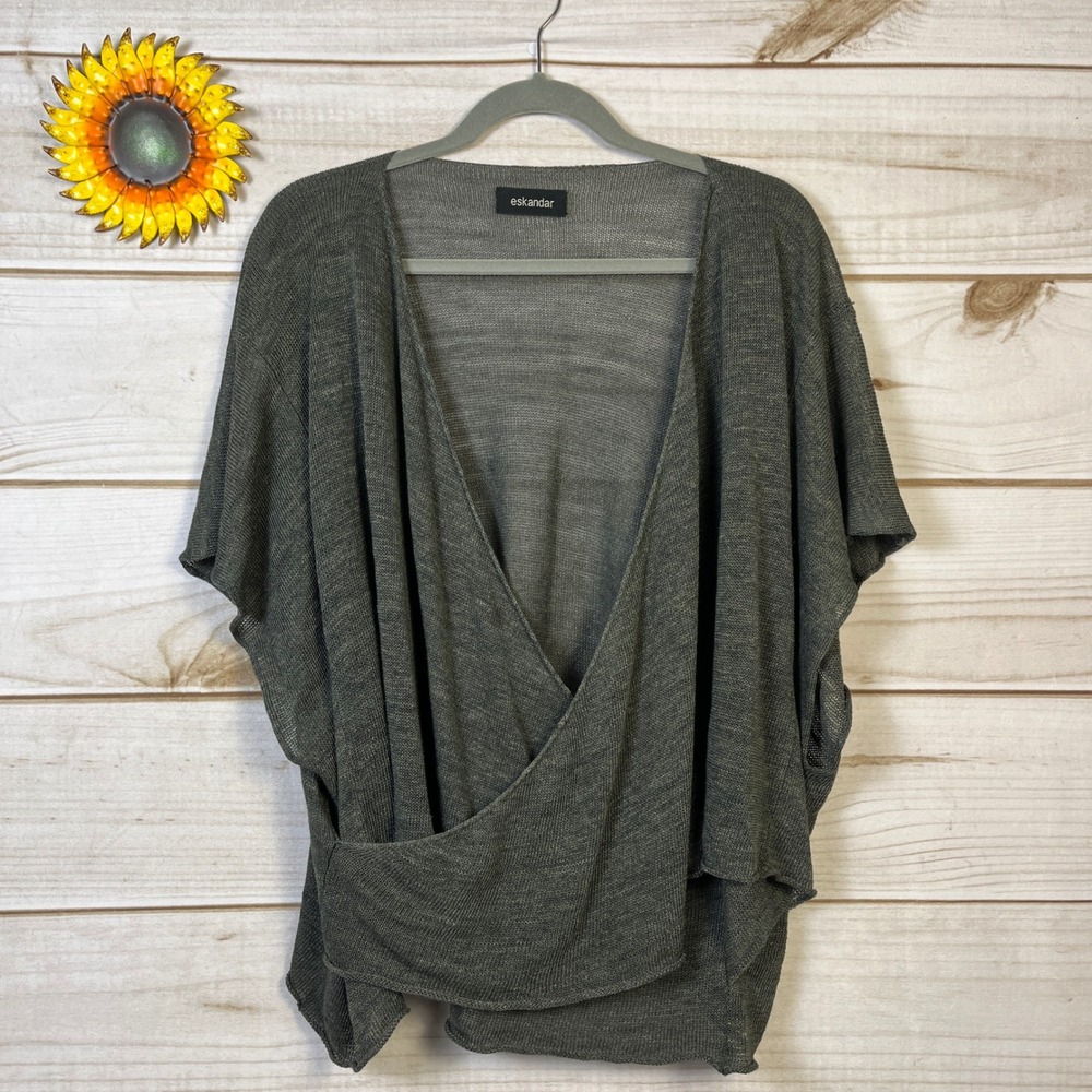 eskandar draped wrap linen blend knit sweater top green grey short sleeve L
